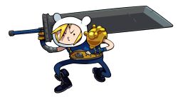  1boy adventure_time alternate_costume blonde_hair cloud_strife cloud_strife_(cosplay) cosplay discount-supervillain final_fantasy final_fantasy_vii finn_the_human hat highres holding male_focus mechanical_arms shirt shorts simple_background single_mechanical_arm solo sword toon_(style) weapon 