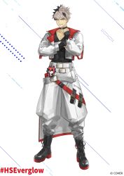  1boy adjusting_sleeves baggy_pants belt black_belt black_boots black_choker black_gloves black_shirt boots brown_hair chest_belt choker clenched_hand collared_jacket copyright_notice creature crimzon_ruze ear_piercing fingerless_gloves full_body gloves grin hashtag highres holostars holostars_english holostars_english_idol_uniform idol_clothes jacket male_focus multicolored_hair multiple_belts official_art pants piercing pointy_ears ruzader_(crimzon_ruze) second-party_source shirt smile solo two-tone_hair violet_eyes virtual_youtuber waist_cape white_belt white_jacket white_pants 