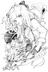  1girl absurdres animal blunt_bangs bow branch cigarette fujiwara_no_mokou hair_bow hair_ribbon hands_in_pockets highres jeweled_branch_of_hourai long_hair long_sleeves looking_at_viewer monochrome pants rabbit ribbon sashimi_oniku shirt sleeves_rolled_up smoking solo touhou white_background white_hair white_shirt 