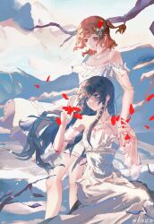 2girls absurdres aijou_karen bare_shoulders black_hair blue_eyes blue_nails bow brown_hair chinese_commentary closed_mouth commentary_request criss-cross_halter day detached_sleeves dress falling_petals fingernails floating_hair frilled_dress frilled_sleeves frills hair_bow hair_ornament halter_dress halterneck hand_on_another's_shoulder hands_up highres holding holding_petal jewelry kagura_hikari light_particles light_smile long_dress long_hair looking_ahead medium_hair mountain multiple_girls nail_polish necklace off-shoulder_dress off_shoulder official_alternate_costume one_side_up outdoors parted_lips pearl_necklace petals qisu_zhang red_eyes red_nails see-through_clothes see-through_sleeves short_sleeves shoujo_kageki_revue_starlight sidelocks sitting sitting_on_branch three-quarter_sleeves very_long_hair watermark wavy_hair weibo_watermark white_bow white_dress x_hair_ornament 