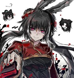  ...? 1girl 2boys animal_ears black_dress black_hair breasts cat_ears chibi chibi_inset chinese_clothes double_bun dress ehooooooost hair_bun hand_fan highres hong_lu_(project_moon) jia_huan_(project_moon) jia_xichun_(project_moon) limbus_company long_hair long_sleeves looking_at_viewer multicolored_hair multiple_boys pink_eyes ponytail project_moon rabbit_ears rabbit_girl red_nails red_shrug simple_background smile solo_focus streaked_hair twintails upper_body white_background 