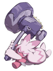  colored_skin full_body hammer holding holding_hammer huge_weapon makoto_ikemu pink_skin pokemon pokemon_(creature) pokemon_focus simple_background solo tinkaton violet_eyes weapon white_background 