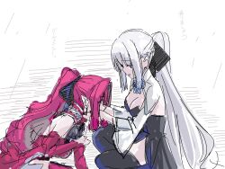  2girls baobhan_sith_(fate) baobhan_sith_(first_ascension)_(fate) black_bow blue_eyes bow braid detached_sleeves earrings fate/grand_order fate_(series) grey_eyes hair_between_eyes hair_bow half_up_braid hand_on_another's_face highres jewelry long_hair long_sleeves morgan_le_fay_(fate) morgan_le_fay_(first_ascension)_(fate) mother_and_daughter multiple_girls niwaikanai pink_hair pointy_ears ponytail simple_background smile very_long_hair white_background white_hair 