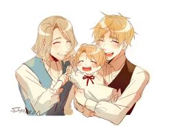  3boys aged_down ahoge america_(hetalia) artist_name ascot axis_powers_hetalia blonde_hair blue_vest blush brown_vest carrying carrying_person child closed_eyes collared_shirt facial_hair france_(hetalia) hand_up happy long_sleeves male_focus multiple_boys neck_ribbon open_mouth pajamas puffy_long_sleeves puffy_sleeves red_ribbon ribbon shirt short_hair simple_background smile syouson teeth united_kingdom_(hetalia) upper_body vest white_ascot white_background white_pajamas white_shirt 
