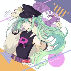  1girl absurdres arbok black_hat black_nails breasts candy chama_(kevs2875) clothing_cutout colorful_background commentary_request cropped_torso food green_eyes green_hair hat hatsune_miku highres hip_vent holding holding_candy holding_food holding_lollipop houndoom lollipop long_hair looking_at_viewer multicolored_hair party_rock_eternity_(vocaloid) persian_(pokemon) poke_ball pokemon pokemon_(creature) project_voltage shoulder_cutout solo streaked_hair team_rocket tongue tongue_out twintails vocaloid 