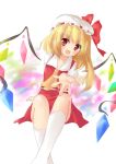  ascot bad_id blonde_hair fang flandre_scarlet hat hat_ribbon howa2pink open_mouth outstretched_hand red_eyes ribbon side_ponytail solo the_embodiment_of_scarlet_devil touhou wings 