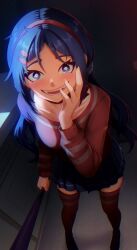  1girl absurdres baseball_bat blue_eyes blue_hair blue_skirt blush bright_pupils collarbone crazy crazy_eyes crazy_mita_(miside) crazy_smile eremas-su eyelashes fangs finger_to_face hair_ornament hair_scrunchie hairband hairclip highres holding holding_baseball_bat legs long_hair long_sleeves looking_at_viewer low_twintails miside mita_(miside) neck_ribbon open_mouth pleated_skirt puffy_sleeves red_hairband red_ribbon red_shirt red_thighhighs ribbon scoop_neck scrunchie shirt sidelocks skindentation skirt smile solo teeth thigh-highs twintails white_pupils white_scrunchie wide-eyed zettai_ryouiki 