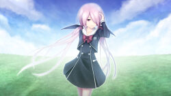 1girl bow breasts chaos;child chest_bow clouds collarbone cropped_jacket day dress dress_vest hekiho_academy_school_uniform highres long_hair looking_at_viewer minamisawa_senri outdoors pink_hair red_bow red_eyes ribbon sailor_collar school_emblem school_uniform science_adventure sky small_breasts smile solo standing taba_neruko thighs twintails very_long_hair white_sailor_collar white_trim