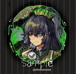  1boy black_eyes black_gloves black_hair black_shirt blue_eyes collared_shirt e.g.o_(project_moon) effervescent_corrosion_(e.g.o) ehooooooost gem gloves green_ribbon grey_background heterochromia high_ponytail highres hong_lu_(project_moon) limbus_company long_hair looking_at_viewer male_focus pearl_(gemstone) ponytail project_moon ribbon sample_watermark shirt simple_background slime_(substance) solo upper_body watermark 