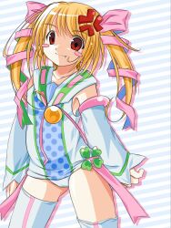  1girl 2000s_(style) ahoge anger_vein ass_visible_through_thighs blonde_hair blush blush_stickers canihavepromo child clover detached_sleeves fang female_child loli long_sleeves moe multicolored_background multicolored_clothes original pale_skin panties polka_dot polka_dot_shirt red_eyes sleeves_past_wrists smile solo striped_background thigh-highs thighs twintails uneven_legwear white_panties white_sleeves 