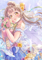  1girl absurdres ahoge birthday blush bouquet brown_hair commentary dress earrings flower hair_flower hair_ornament highres holding holding_bouquet iroenpitsu_xxx jewelry long_hair looking_at_viewer love_live! love_live!_school_idol_project minami_kotori rose solo yellow_eyes 