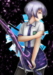  1girl black_pantyhose chaos;head d-sword expressionless from_side highres holding holding_sword holding_weapon kishimoto_ayase necktie pantyhose plaid_clothes plaid_necktie plaid_sleeves pleated_skirt purple_necktie purple_skirt purple_sleeves school_emblem school_uniform science_adventure shirt short_hair short_sleeves sideways_glance skirt solo standing suimei_academy_school_uniform summer_uniform sword taba_neruko weapon 