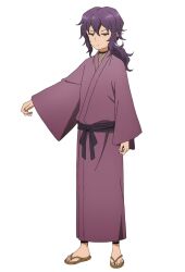 1girl anime_coloring breasts closed_mouth fishnets full_body hair_between_eyes hana-sensei_(kunoichi_tsubaki_no_mune_no_uchi) japanese_clothes kimono kunoichi_tsubaki_no_mune_no_uchi long_hair long_sleeves looking_at_viewer official_art okuda_yousuke outstretched_arm purple_hair purple_kimono purple_sash sash sidelocks simple_background small_breasts solo standing tachi-e transparent_background violet_eyes waraji wide_sleeves 