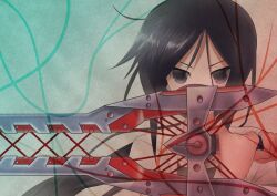  1girl black_hair chaos;child d-sword hekiho_academy_school_uniform holding holding_sword holding_weapon kunosato_mio lab_coat long_hair looking_at_viewer messy_hair school_uniform science_adventure serious solo standing sword taba_neruko upper_body violet_eyes weapon 