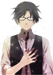  1boy black_hair chaos;child closed_eyes closed_mouth collared_shirt glasses ikuhashi_muiko long_sleeves male_focus miyashiro_takuru science_adventure shirt short_hair simple_background smile solo upper_body vest white_background white_shirt 