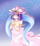  1girl bare_arms bare_shoulders bracelet breasts cleavage collarbone dress hands_clasped hat hat_ribbon ichimi interlocked_fingers jewelry large_breasts looking_at_viewer nagae_iku pink_dress purple_hair red_eyes ribbon shawl short_hair smile solo strapless_dress touhou 
