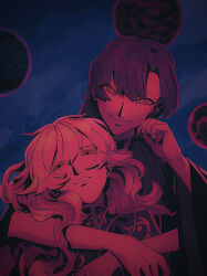  2girls black_nails blonde_hair blue_background closed_mouth dress earth_(ornament) expressionless hecatia_lapislazuli highres hug hug_from_behind junko_(touhou) long_hair looking_at_viewer moon_(ornament) multiple_girls nail_polish no_headwear raya_(uk_0128) red_hair sad smile tabard teeth touhou twitter_username underworld_(ornament) upper_body wavy_hair 