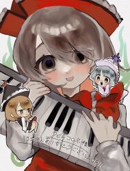  3girls absurdres black_hat black_skirt black_vest blush brown_eyes brown_hair closed_mouth collared_vest crescent crescent_hat_ornament floating frilled_hat frills haniwa_kue hat hat_ornament highres holding holding_instrument instrument keyboard_(instrument) looking_at_viewer lunasa_prismriver lyrica_prismriver merlin_prismriver multiple_girls open_mouth perfect_cherry_blossom pink_hat pink_skirt puffy_sleeves red_hat red_skirt red_vest short_hair skirt smile star_(symbol) star_hat_ornament swept_bangs touhou vest white_background white_eyes white_hair 