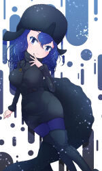 1girl absurdres anchor_necklace black_boots black_hat black_sweater blue_eyes blue_hair blue_nails blue_pantyhose blush boots cetacean_tail dress fins fish_tail hair_between_eyes hat head_fins highres japari_symbol jewelry kemono_friends long_hair long_sleeves looking_at_viewer luichan monkey_ears monkey_girl nail_polish necklace pantyhose sidelocks smile solo sperm_whale_(kemono_friends) sweater sweater_dress tail thigh_boots turtleneck turtleneck_sweater ushanka whale_girl
