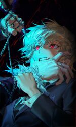  2boys absurdres black_necktie black_suit blonde_hair blood blood_on_face chain chrollo_lucilfer collared_shirt dongzak_o0 earrings eyelashes formal_clothes hand_chains highres hunter_x_hunter jewelry kurapika male_focus multiple_boys necktie red_eyes shirt short_hair suit teeth upper_body veins veiny_hands white_shirt 