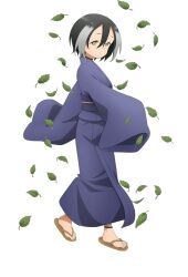  1girl anime_coloring black_hair blue_kimono blue_sash blush bob_cut breasts closed_mouth fishnet_pantyhose fishnet_top fishnets from_side full_body hair_between_eyes japanese_clothes kimono konoha_(kunoichi_tsubaki_no_mune_no_uchi) kunoichi_tsubaki_no_mune_no_uchi large_breasts leaf long_sleeves looking_at_viewer multicolored_hair ninja obi official_art okuda_yousuke pantyhose sash short_hair simple_background sleeves_past_wrists solo standing tachi-e tareme transparent_background two-tone_hair waraji white_hair wide_sleeves yellow_eyes 