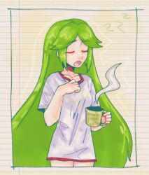  1girl alternate_costume closed_eyes collarbone cowboy_shot cup green_hair highres holding holding_cup kid_icarus kid_icarus_uprising long_hair open_mouth palutena santurn shirt sleepy solo very_long_hair watermark white_shirt 