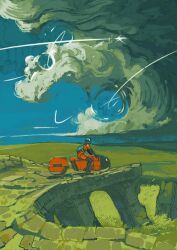  biker_clothes bikesuit bodysuit cloud_focus clouds cloudy_sky contrail dark_cloud day distrail ephe99261012 grass helmet highres horizon looking_afar motor_vehicle motorcycle motorcycle_helmet on_motorcycle orange_bodysuit original outdoors painterly ruins science_fiction sitting sky stone_bridge wide_shot 