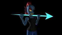  1girl 2016 3d absurdres anthro black_background black_eyepatch black_tank_top blue_pants blue_skin carrying carrying_over_shoulder colored_sclera colored_skin cowboy_shot dark dark_background digital_media ear_fins eyepatch female female_only fins fish fish_girl garry's_mod_(medium) grin head_fins high_ponytail highres holding holding_polearm holding_spear holding_weapon kohtep2010 large_filesize long_hair looking_at_viewer monster monster_girl pants polearm ponytail red_hair sharp_teeth simple_background slit_pupils smile solo spear tank_top teeth undertale undyne utdr_(toby_fox) weapon yellow_sclera yellow_teeth 