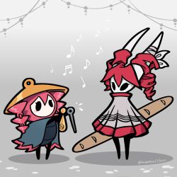 arthropod_girl baguette black_bodystocking black_eyes black_skin bow bread character_request cloak colored_skin cosplay drill_hair food full_body grey_cloak highres holding hollow_eyes hollow_knight hollow_knight:_silksong horn_bow horn_ornament horned_mask hornet_(hollow_knight) horns kasane_teto kasane_teto_(cosplay) kasane_teto_(sv) kasane_teto_(utau) mask musical_note nyapurrlitan pearto simple_background standing synthesizer_v twin_drills twintails twitter_username utau white_mask