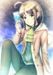  1girl ahoge aikawa_miyuu animal_ear_hood arm_support ascot black_pantyhose brown_eyes brown_hair card coat head_tilt highres holding holding_card hood jacket long_hair long_sleeves looking_at_viewer miniskirt occultic;nine pantyhose pleated_skirt school_uniform science_adventure sitting skirt smile solo taba_neruko tarot tarot_card yellow_ascot yellow_hood 