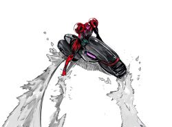  1girl akira_slide arm_cannon armor drifting highres looking_at_viewer metroid metroid_prime_4:_beyond motor_vehicle motorcycle power_suit_(metroid) samus_aran shoulder_armor solo weapon yourfreakyneighbourh 