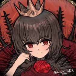  1girl black_capelet black_hair black_souls black_souls_2 capelet commentary_request crown flower hand_on_own_face looking_at_viewer lorina_(black_souls) mini_crown partial_commentary portrait red_eyes red_flower short_hair smile solo twitter_username xun_lin_(pixiv_93392103) 
