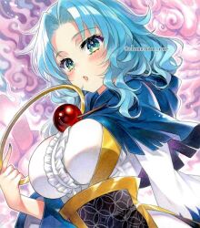  blue_eyes blue_hair blush breasts buddhist_nun chacham holding jewelry kumoi_ichirin large_breasts long_sleeves medium_hair pendant touhou twitter_username 