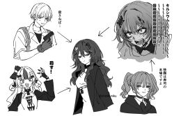  1boy 4girls angry blood blood_from_forehead blood_on_face chinikuniku choker cirsium_(lavender_quartz) closed_mouth collared_shirt commentary_request cropped_shoulders cropped_torso furious gloves greyscale gun hair_ornament half-closed_eyes hand_up handgun holding holding_gun holding_weapon ichijou_riana ikonu_(lavender_quartz) jacket lavender_quartz lavender_quartz:_kyoukai_hyoudou long_sleeves looking_at_viewer medium_hair monochrome multicolored_hair multiple_girls open_clothes open_jacket open_mouth relationship_graph seirovo_(lavender_quartz) sentanat_(lavender_quartz) shirt short_hair short_sleeves simple_background small_sweatdrop smile spoilers streaked_hair translation_request twintails underbust v-shaped_eyebrows weapon 