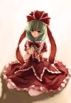  arm_ribbon bow dress frills front_ponytail green_eyes green_hair hair_bow hair_ribbon hands_together kagiyama_hina long_hair looking_at_viewer ribbon sitting solo touhou wariza xiao_qiang_(overseas) 