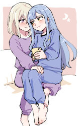  2girls bang_dream! bang_dream!_it&#039;s_mygo!!!!! barefoot blue_hair blue_pants blue_shirt blush closed_mouth commentary_request couple cup highres holding holding_cup long_hair long_sleeves medium_hair misumi_uika multiple_girls on_lap pajamas pants penguinbu purple_pants purple_shirt shirt sidelocks sitting togawa_sakiko violet_eyes yellow_eyes yuri 