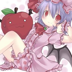  1girl 1other 2000s_(style) :3 apple bat_wings black_wings blue_hair blush canihavepromo dotted_background female female_focus food frilled_dress frilled_wrist_cuffs frills fruit highres looking_at_viewer pale_skin patterned_clothing pink_shorts pink_wrist_cuffs polka_dot polka_dot_shorts puffy_short_sleeves puffy_shorts purple_dress purple_hat purple_skirt red_eyes remilia_scarlet short_dress short_hair short_sleeves shorts shorts_under_dress shorts_under_skirt simple_background skirt smile sweat sweatdrop the_embodiment_of_scarlet_devil touhou wings 