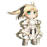  ahoge armor armored_dress bare_shoulders blonde_hair bow chibi detached_sleeves dnk dress excalibur fate/stay_night fate/unlimited_codes fate_(series) gauntlets green_eyes hair_ribbon ponytail ribbon saber saber_lily solo sword type-moon weapon 
