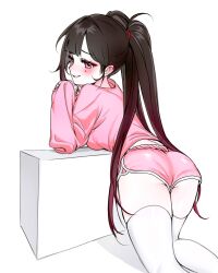  1girl absurdres ass blush breasts brown_hair butterfly-shaped_pupils from_behind hairband highres honkai:_star_rail honkai_(series) li_nauu long_hair long_sleeves looking_at_viewer looking_back mark_under_both_eyes medium_breasts mole mole_under_eye own_hands_together parted_lips pink_eyes pink_shorts pink_sweater short_shorts shorts simple_background smile solo sparkle_(honkai:_star_rail) sweater symbol-shaped_pupils thigh-highs thighs twintails very_long_hair white_background white_thighhighs 