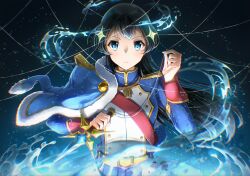  1girl absurdres aiguillette aoi_hane belt belt_buckle black_hair blue_eyes blue_hair blue_jacket blue_skirt buckle buttons chromatic_aberration closed_mouth commentary_request dagger epaulettes floating_clothes floating_hair fur-trimmed_jacket fur_trim hand_up highres holding holding_dagger holding_knife holding_weapon hydrokinesis jacket jacket_on_shoulders kagura_hikari knife light_frown long_hair long_sleeves looking_at_viewer multicolored_jacket pleated_skirt red_sash red_sleeve_cuffs sash shoujo_kageki_revue_starlight shoulder_sash signature skirt solo sparkle_hair_ornament star_(sky) starry_sky_background straight-on string stuffed_animal stuffed_toy tassel teddy_bear underlighting upper_body water weapon white_jacket yellow_belt yellow_trim 