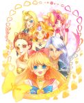  5girls aino_minako amazons_quartet bishoujo_senshi_sailor_moon black_moon_clan blonde_hair blue_eyes blush brown_eyes calaveras cerecere choker earrings everyone flower hair_bun happy heart ishtar_(bishoujo_senshi_sailor_moon) ishtar_(sailor_moon) jewelry kunzite_(bishoujo_senshi_sailor_moon) kunzite_(sailor_moon) long_hair magical_girl mimete moon multiple_girls open_mouth pink_eyes pink_hair pink_rose ribbon rose sailor_venus smile star torao_(torakmn) venus_symbol white_hair wink witches_5 