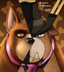  ahu_(to_be_hero_x) animal animal_focus black_hat blancojon14 bone brown_fur dog fedora hat highres necktie red_necktie revealing_layer solo to_be_hero to_be_hero_x 