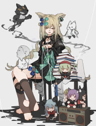  1girl :&lt; :3 absurdres animal_ear_fluff animal_ears arknights ave_mujica_(bang_dream!) bang_dream! bang_dream!_it&#039;s_mygo!!!!! beret black_bow black_choker black_hair black_horns black_jacket black_shirt black_skirt blonde_hair blue_hair bob_cut book book_stack bow brown_eyes brown_socks cat_ears cat_girl character_doll character_name choker closed_mouth clothes_writing commentary creature curled_horns demon_girl demon_horns dog_ears dog_girl doll dress dress_bow drill_hair familiar floating full_body ghost_tail green_bow green_dress green_eyes green_hair grey_background hair_bow hair_ornament hat highres horns infection_monitor_(arknights) jacket kneehighs layered_sleeves long_hair long_sleeves looking_at_viewer low_twintails miniskirt misumi_uika misumi_uika_(caged_singer) morpheus_(arknights) no_shoes northernw notched_ear on_table open_clothes open_jacket orange_eyes pendant_choker plantar_flexion pleated_skirt puppet_strings purple_hair red_hat red_shirt red_skirt shin_strap shirt short_dress short_hair short_over_long_sleeves short_sleeves simple_background sitting skirt sleeveless sleeveless_dress smile socks soles solo statue stirrup_legwear table thigh_strap toe_scrunch toeless_legwear toes togawa_sakiko togawa_sakiko_(master_of_melodia) tongue tongue_out tsurime twin_drills twintails two_side_up very_long_hair violet_eyes wakaba_mutsumi wakaba_mutsumi_(marionette&#039;s_id) wolf_ears wolf_girl x_hair_ornament yahata_umiri yahata_umiri_(moonlight_executioner) yuutenji_nyamu yuutenji_nyamu_(magician_of_passion) 