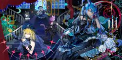  5girls absurdres animal_ears arknights arm_up ave_mujica_(bang_dream!) bang_dream! bang_dream!_it&#039;s_mygo!!!!! bare_shoulders black_bonnet black_boots black_dress black_gloves black_hair black_hat black_horns black_pantyhose black_ribbon blonde_hair blue_eyes blue_fire blue_hair bonnet boots breasts candlestand cat_ears cat_girl cat_tail closed_mouth curled_horns curtains dog_ears dog_girl dress fire floppy_ears flower frilled_dress frills gloves green_hair hair_between_eyes hair_ornament hair_ribbon hand_on_own_chest hat highres horns kemonomimi_mode long_hair long_sleeves looking_at_viewer looking_to_the_side medium_breasts medium_hair misumi_uika misumi_uika_(caged_singer) mortis_(bang_dream!) mortis_(costume)_(bang_dream!) multiple_girls open_mouth pantyhose pentagram picture_frame profile purple_hair rabbit_ears rabbit_girl ribbon rose short_hair sidelocks sitting smile sparkle stained_glass stairs standing tail togawa_sakiko togawa_sakiko_(master_of_melodia) violet_eyes wakaba_mutsumi wakaba_mutsumi_(marionette&#039;s_id) wolf_ears wolf_girl x_hair_ornament yahata_umiri yahata_umiri_(moonlight_executioner) yellow_eyes yezhi_dun_luobei yuutenji_nyamu yuutenji_nyamu_(magician_of_passion) 