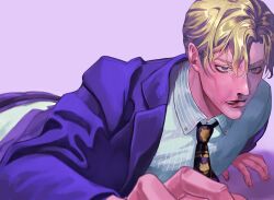  1boy animal_print black_necktie blonde_hair blood blue_eyes cat_print cheekbones collared_shirt diamond_wa_kudakenai formal_clothes green_shirt jacket jojo_no_kimyou_na_bouken kira_yoshikage long_sleeves looking_at_viewer lying male_focus necktie nosebleed on_stomach pants pinstripe_pattern pinstripe_shirt purple_jacket purple_pants rr9pt76u5phwgqx shirt short_hair solo striped_clothes striped_shirt suit 