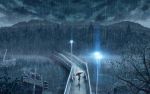 bridge clouds female forest girl highres night rain scenery solo umbrella 