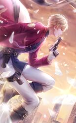  1boy aircraft airplane artist_request belt belt_bag belt_buckle black_bag black_belt black_boots black_hat black_shirt blue_eyes boots buckle building city clouds coat collared_coat collared_shirt crest dress_pants falling floating_clothes foot_out_of_frame from_side game_cg glass_shards glint gloves gold_buttons gun handgun happy hat hat_loss high_collar highres holding holding_gun holding_weapon holster lapels light_particles loen_(shining_nikki) long_sleeves male_focus nikki_(series) notched_lapels official_art open_clothes open_coat pants parted_lips pointy_nose red_coat shining_nikki shirt sky skyscraper sleeve_cuffs smile solo sunrise thigh_belt thigh_boots thigh_strap weapon white_gloves white_pants yellow_sky 