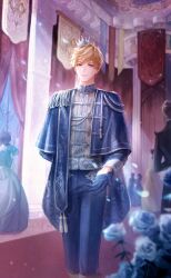  3boys 3girls arm_behind_back artist_request banner blonde_hair blue_cloak blue_eyes blue_flower blue_gloves blue_pants blue_rose blue_sky carpet catching cloak closed_mouth collared_shirt crown dress_pants dusk epaulettes falling_petals feet_out_of_frame flower game_cg gloves grey_shirt half_gloves happy high_collar highres indoors layered_sleeves light_particles light_smile loen_(shining_nikki) long_sleeves looking_at_viewer male_focus mini_crown multiple_boys multiple_girls nikki_(series) official_alternate_color official_art outstretched_hand pants petals prince prince_&amp;_gold_rose_(shining_nikki) rose shining_nikki shirt short_hair silver_crown single_epaulette sky sleeve_cuffs solo_focus star_(sky) starry_sky swept_bangs 