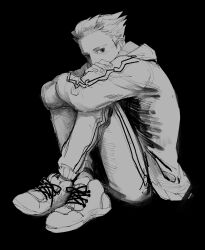  1boy absurdres ace_attorney black_background commentary_request crossed_ankles erm_nkcn full_body greyscale highres hood hood_down hugging_own_legs jacket knees_up long_sleeves looking_at_viewer male_focus monochrome phoenix_wright sad short_hair simple_background sitting solo 