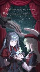  2girls absurdres ascot bang_dream! bang_dream!_it's_mygo!!!!! beret black_ascot black_capelet black_corset black_ribbon blue_brooch blue_hair capelet chinese_commentary closed_mouth commentary_request corset earrings green_brooch green_hair hair_ribbon hat highres holding_hands jewelry long_hair long_sleeves mortis_(bang_dream!) mortis_(costume)_(bang_dream!) multiple_girls oblivionis_(bang_dream!) qm_dvn red_hat red_shirt ribbon shirt short_sleeves sidelocks togawa_sakiko wakaba_mutsumi white_ascot white_shirt yellow_eyes 